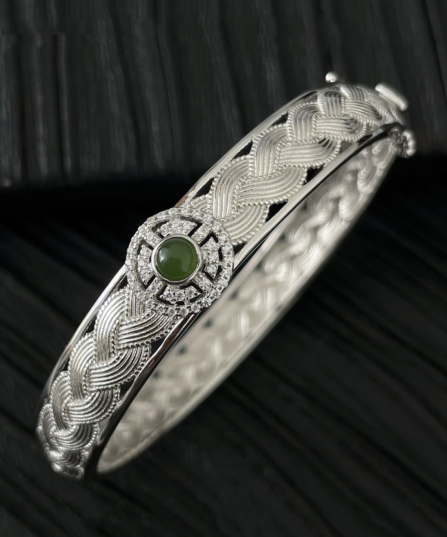 Sterling Silver Weave Lace Silk Bangle Jade Vintage