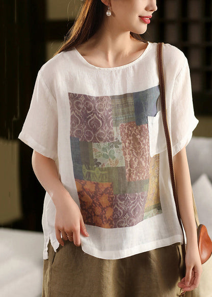 Skin Summe Pockets O Linen T Vintage Shirts Print Neck Pink