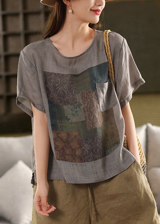 Skin Summe Pockets O Linen T Vintage Shirts Print Neck Pink