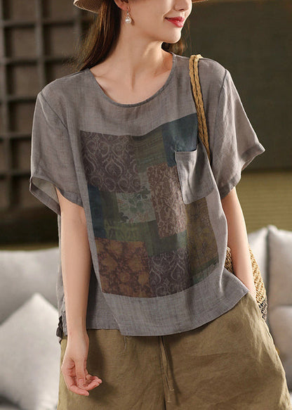 Skin Summe Pockets O Linen T Vintage Shirts Print Neck Pink