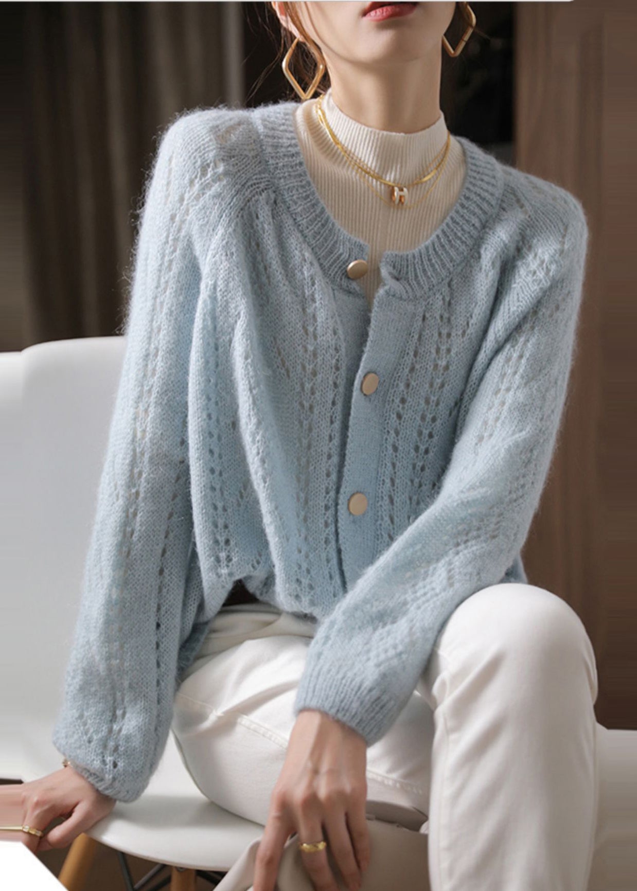 Vintage Sky Blue Oversized Chunky Knit Cardigan Spring OO014