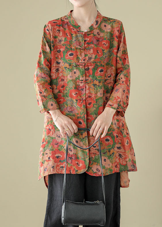 Vintage Stand Collar Chinese Button Print Linen Shirts Coat Long Sleeve AP087