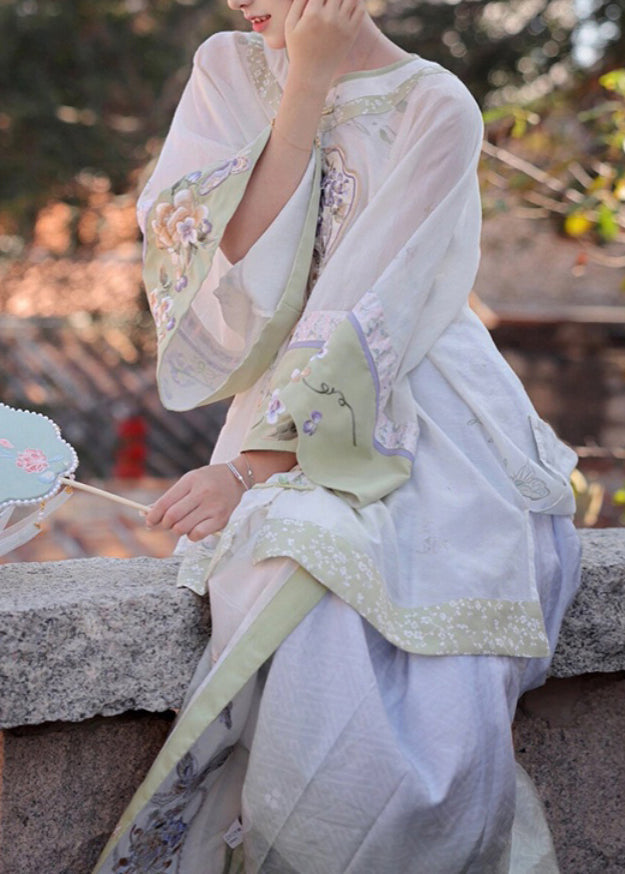 Vintage White Embroidered Patchwork Shirts Wide Leg Pants And Two Pieces Set Spring UU1052