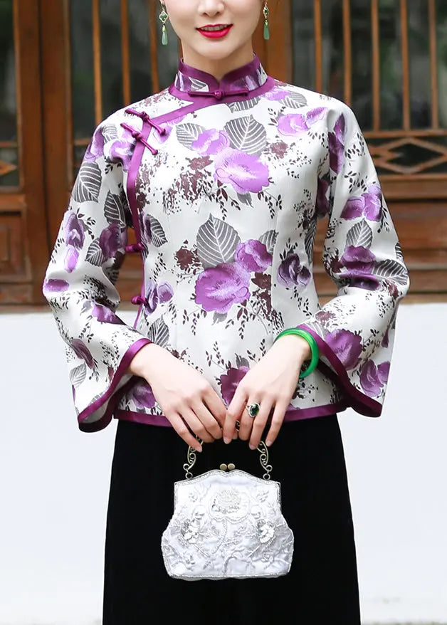 Vintage White Print Button Patchwork Silk Blouses Flare Sleeve Ada Fashion