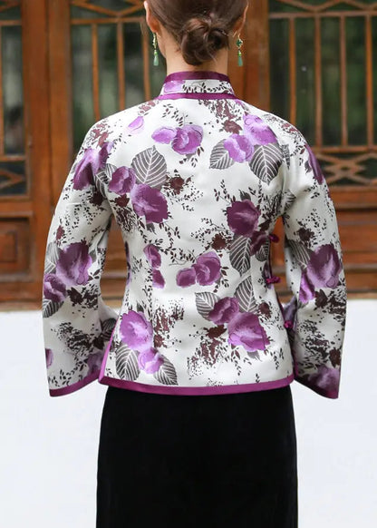 Vintage White Print Button Patchwork Silk Blouses Flare Sleeve Ada Fashion