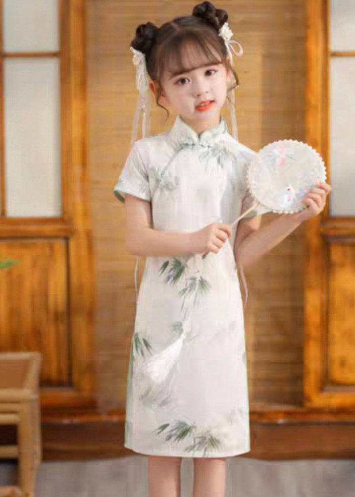 Long Side Girls Print Short Dress Open Vintage Sleeve White