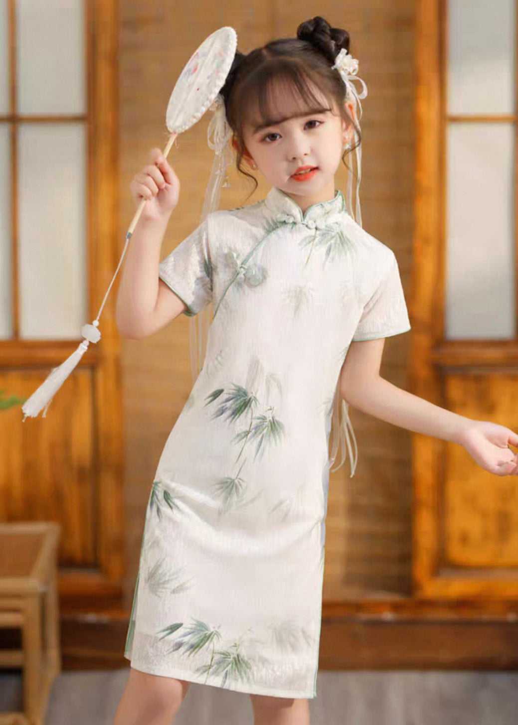 Long Side Girls Print Short Dress Open Vintage Sleeve White