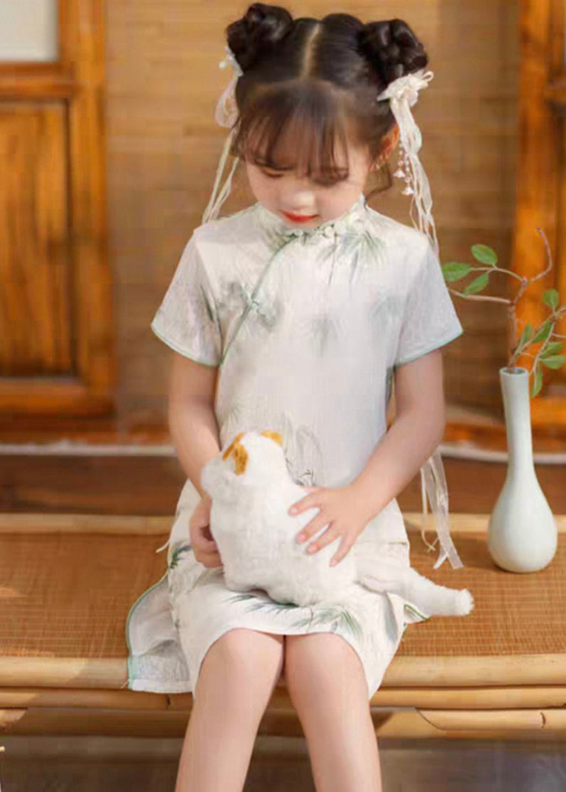 Long Side Girls Print Short Dress Open Vintage Sleeve White