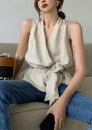 Waist Vintage Sleeveless White Linen Tie Vests