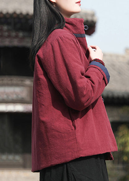 Vintage Wine Red Stand Collar Button Cotton Filled Parkaer Winter QO001