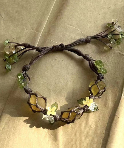 Vintage Yellow Handmade Weaving Crystal Floral Tassel Charm Bracelet QD014