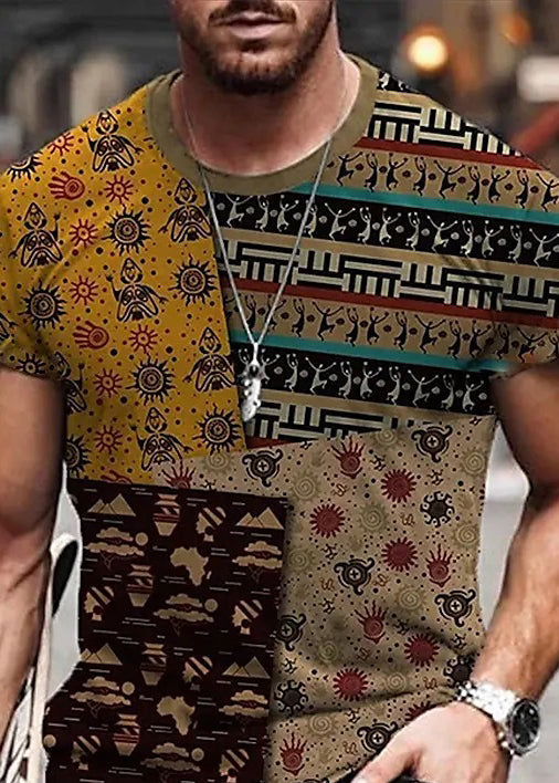 Cotton Patchwork Yellow Summer Mens Vintage Print T Shirts