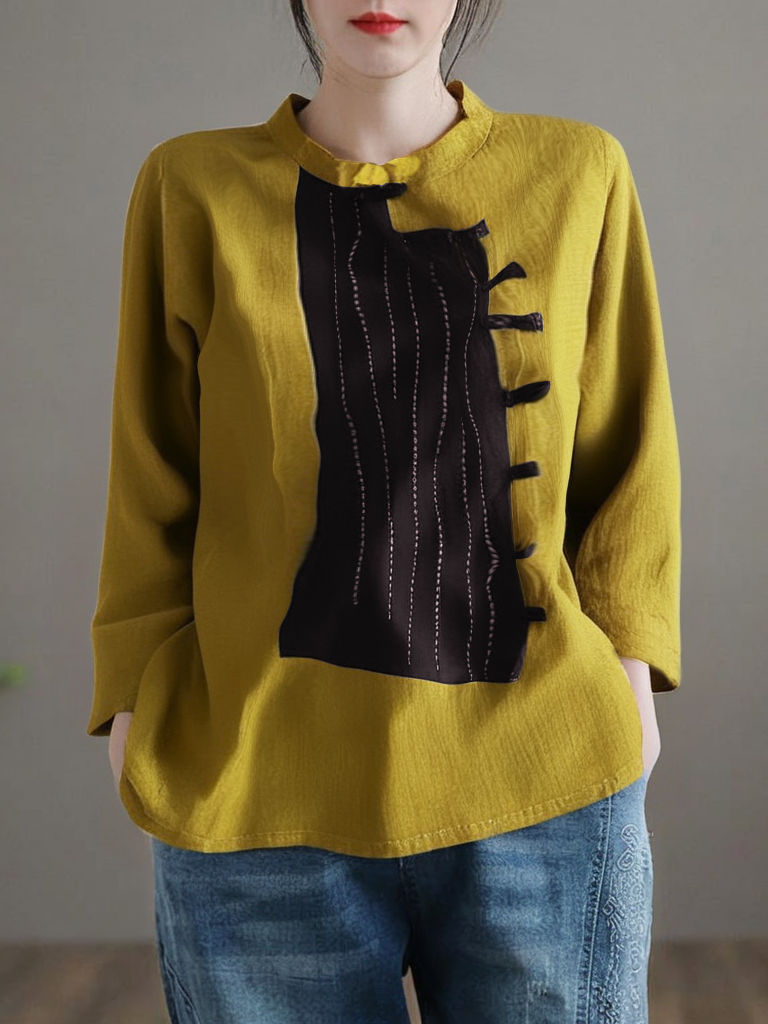 Grace Yellow Stand Collar Patchwork Button Linen Top Bracelet Sleeve QR020