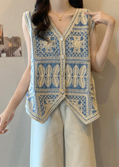 Waistcoat Blue Vest Sleeveless Patchwork Lace Vogue Neck V