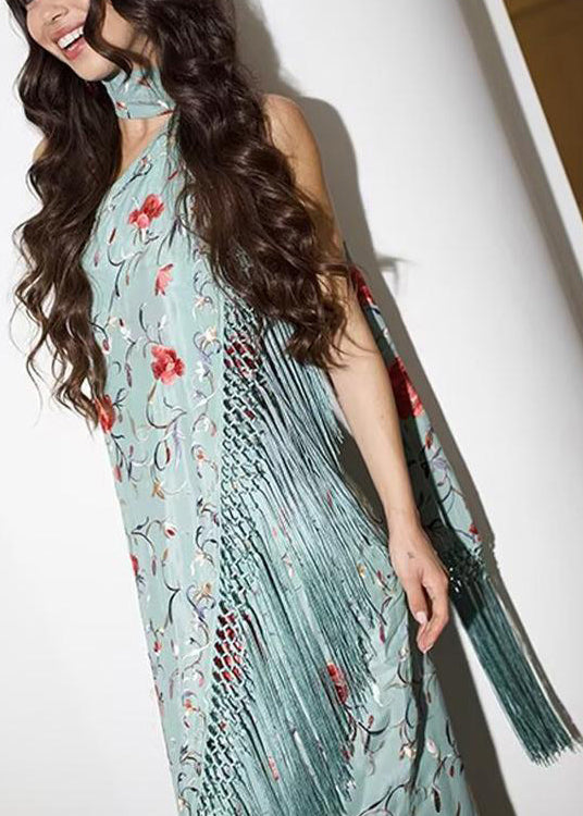 Cotton Vogue Dresses Tasseled Maxi Asymmetrical Print Green