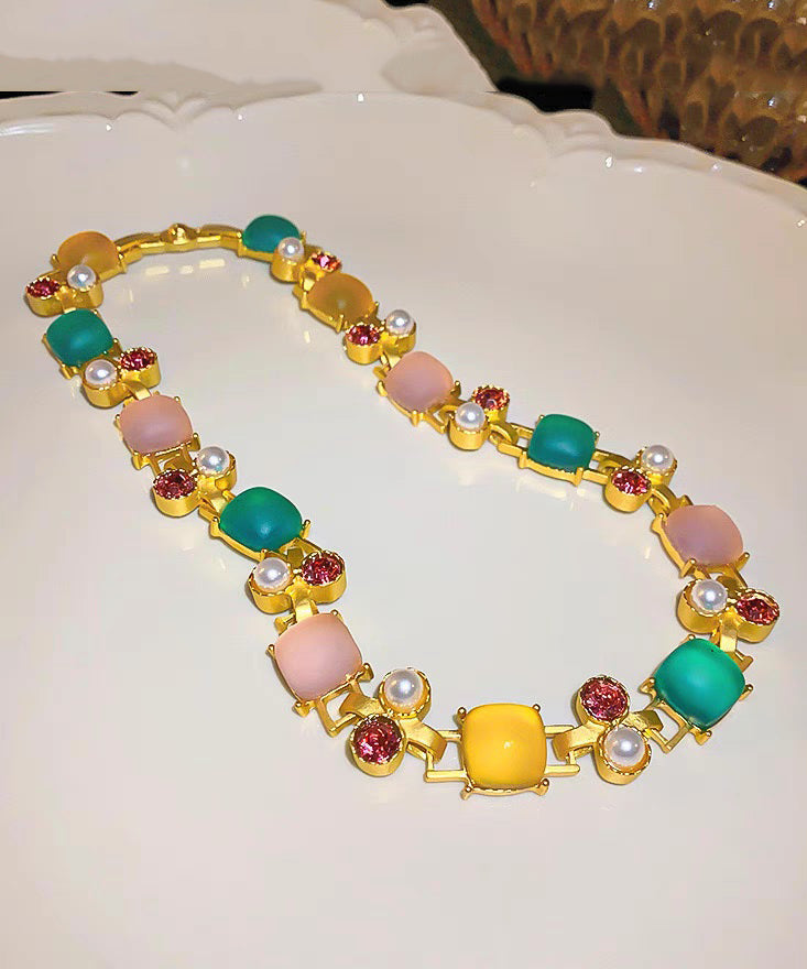 Pearl Princess Vogue Zircon Square Necklace Copper Rainbow