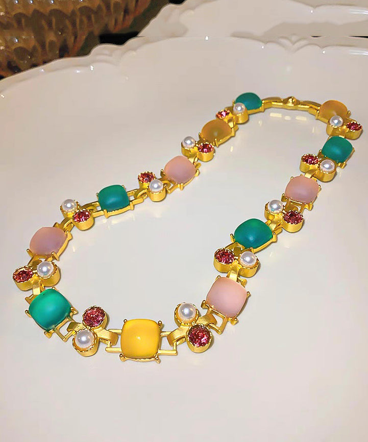 Pearl Princess Vogue Zircon Square Necklace Copper Rainbow