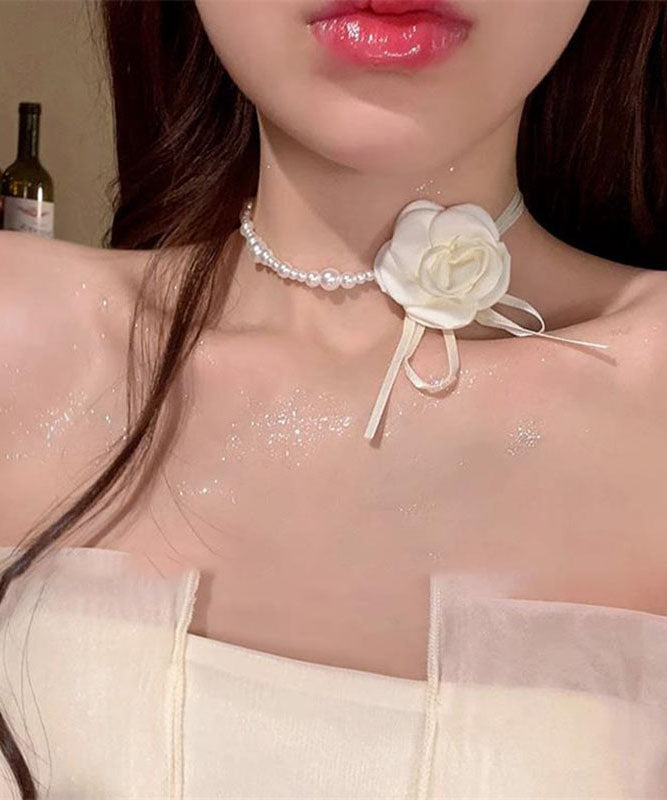 Vogue White Cloth Asymmetrical Pearl Camellia Flower Pendant Necklace YA008