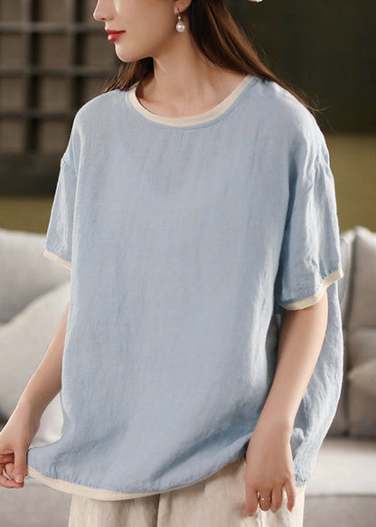 T Patchwork Neck Red O Solid Watermelon Button Linen Shirt Summer