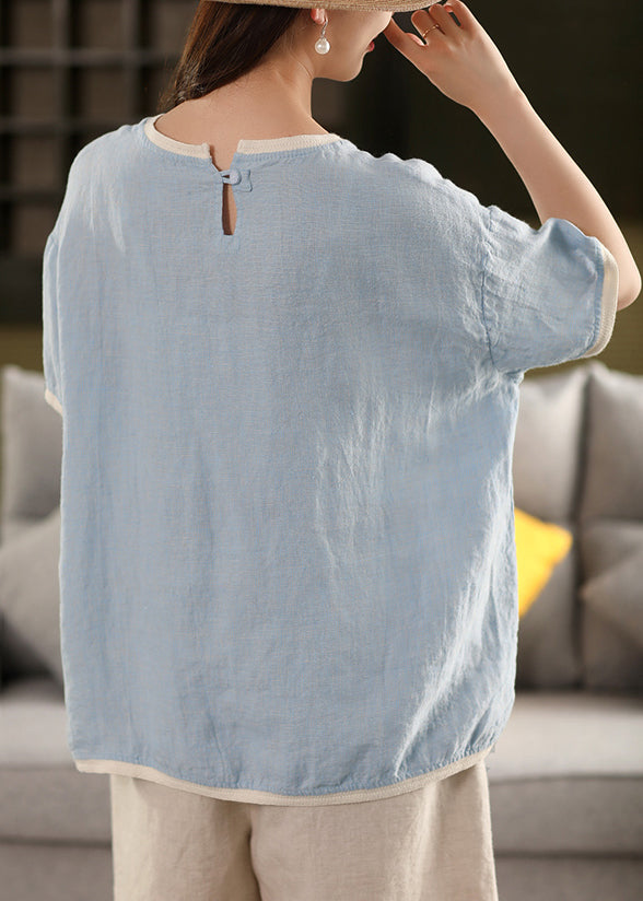 T Patchwork Neck Red O Solid Watermelon Button Linen Shirt Summer