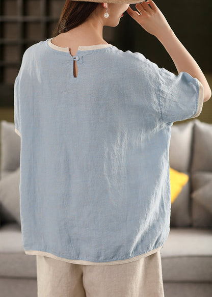 T Patchwork Neck Red O Solid Watermelon Button Linen Shirt Summer