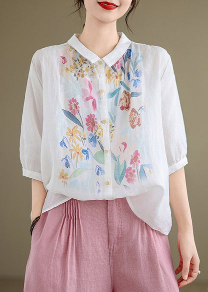 Pan Linen Collar Button White Shirt Summer Peter