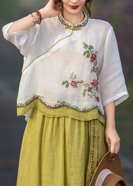Button White Linen Embroidered Blouses Patchwork Summer