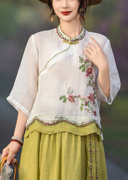Button White Linen Embroidered Blouses Patchwork Summer
