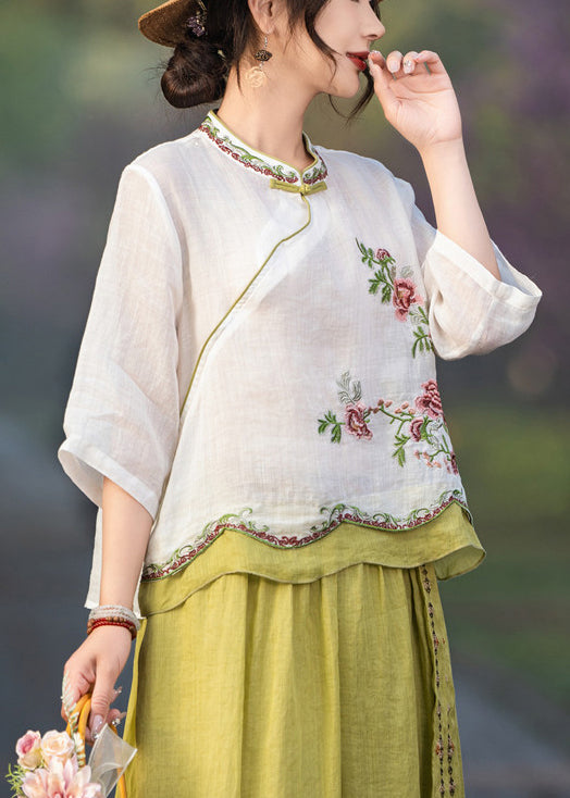 Button White Linen Embroidered Blouses Patchwork Summer