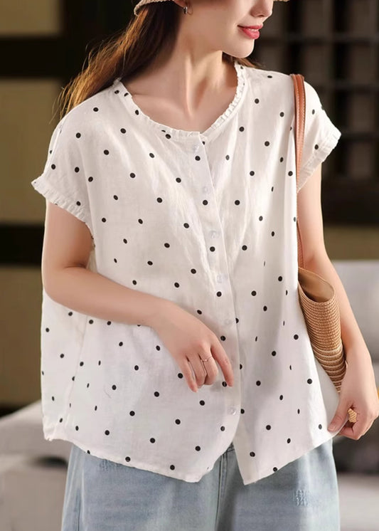 Print Shirt Linen Ruffled White Button Summer
