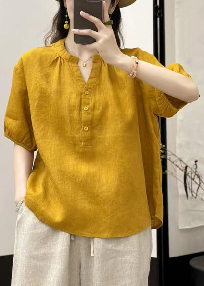 Solid V Neck Linen Summer White Shirts Button