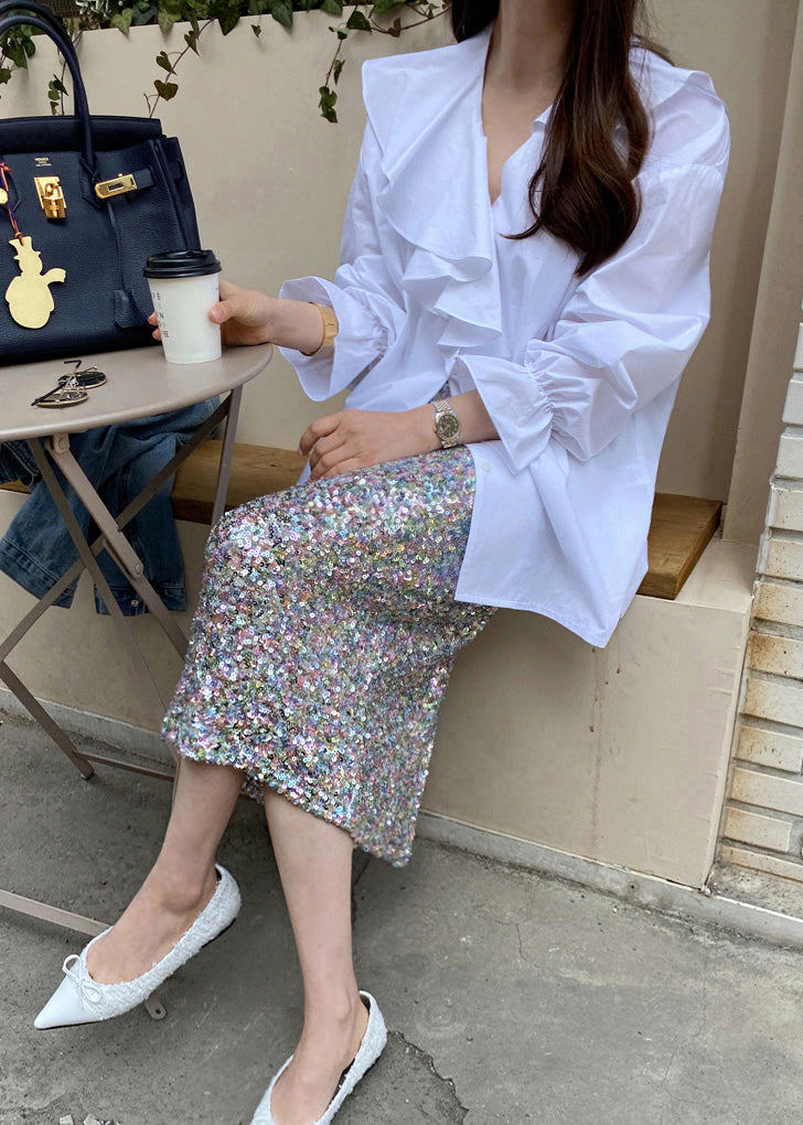 Ruffles Blouse Tops Fall White Asymmetrical Cotton