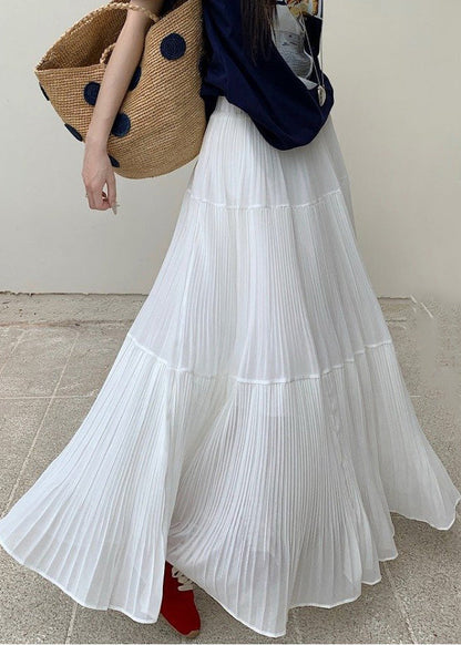 White Solid Maxi Elastic Wrinkled Chiffon Skirts Waist
