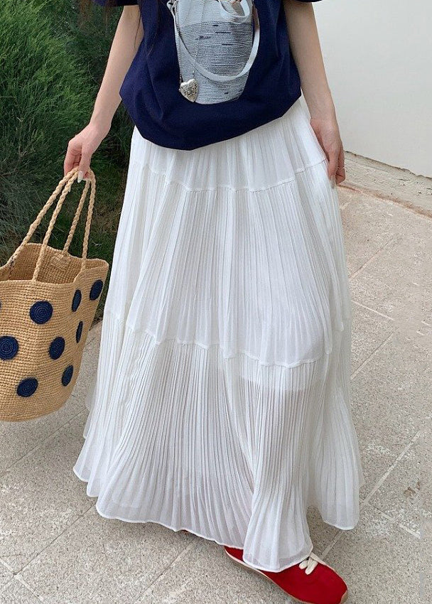 White Solid Maxi Elastic Wrinkled Chiffon Skirts Waist