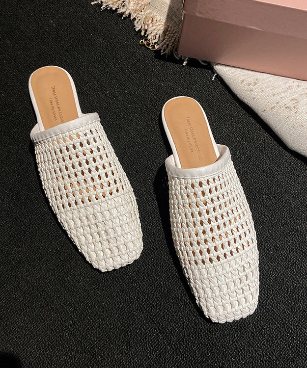 Hollow Slide Out White Sandals Leather Boutique Faux Weave