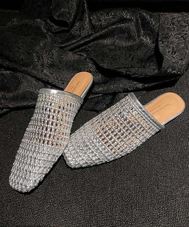 Hollow Slide Out White Sandals Leather Boutique Faux Weave