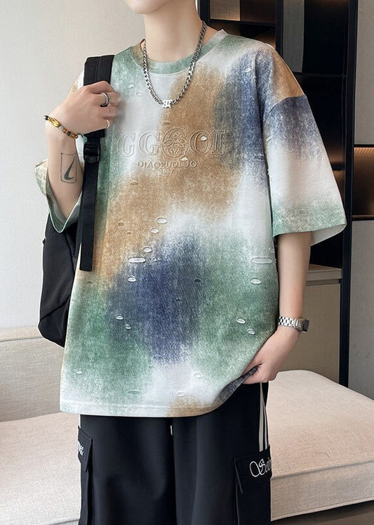 Tie Cotton Letter Dye Sleeve Shirts Half Men T White Hole