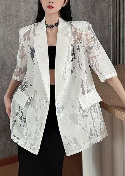 Half Notched Out White Coat Sleeve Cotton Hollow Button