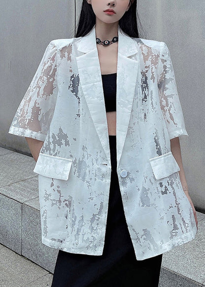 Half Notched Out White Coat Sleeve Cotton Hollow Button