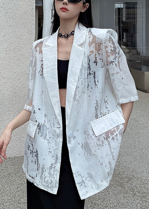 Half Notched Out White Coat Sleeve Cotton Hollow Button