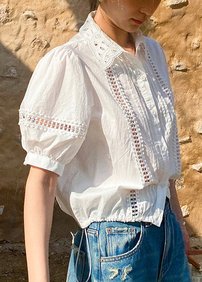 White Hollow Pan Out Peter Collar Shirts Cotton Summer