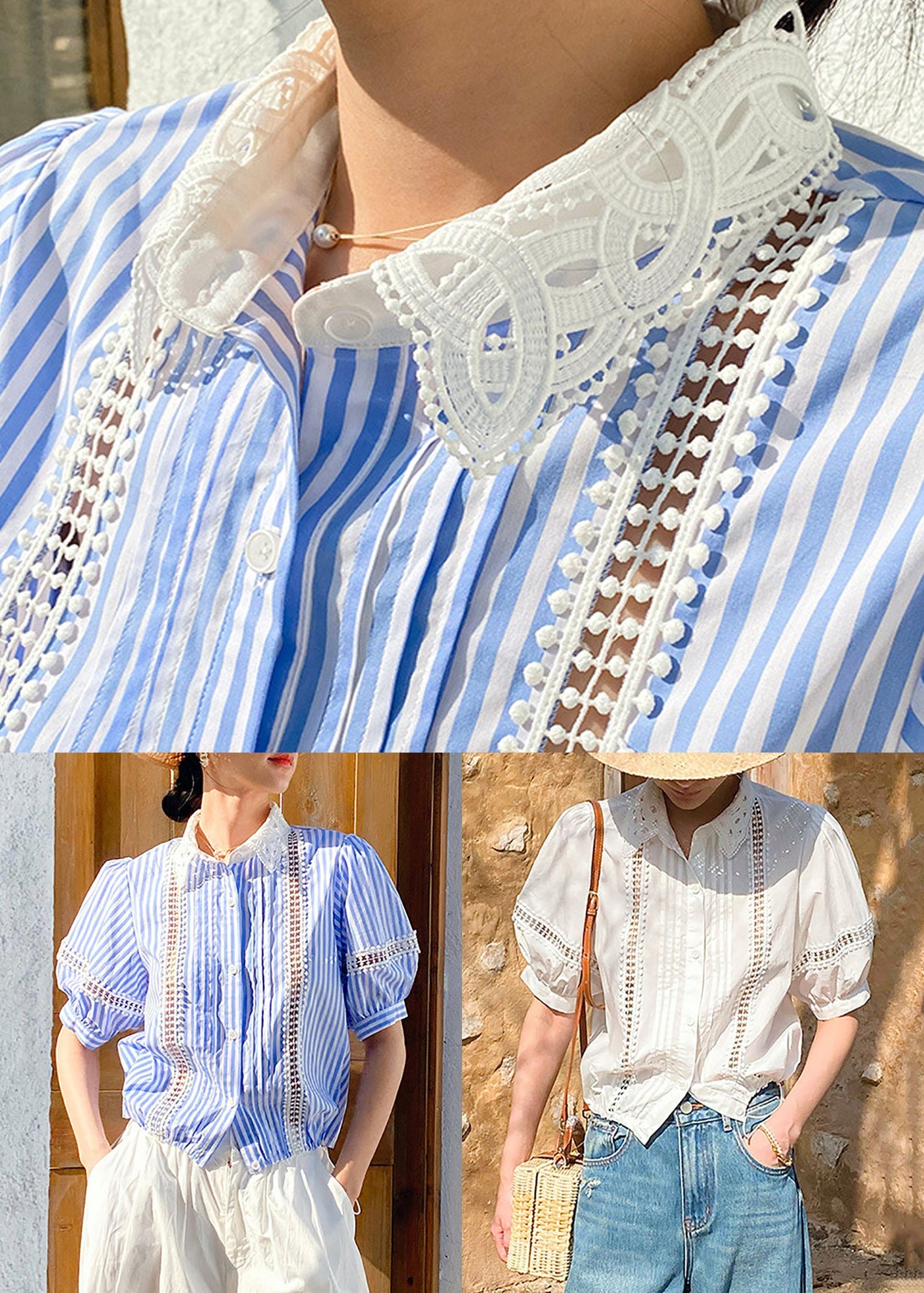 White Hollow Pan Out Peter Collar Shirts Cotton Summer