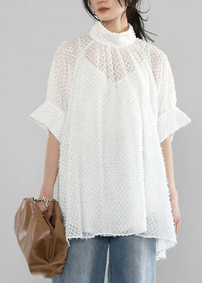 A Stand Collar Tops White Hollow Out Tulle Line Summer