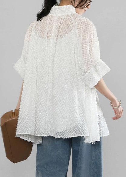 A Stand Collar Tops White Hollow Out Tulle Line Summer