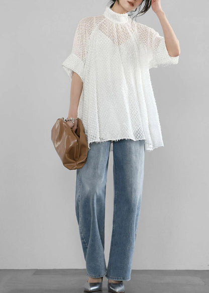 A Stand Collar Tops White Hollow Out Tulle Line Summer