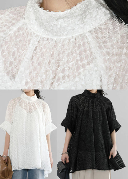 A Stand Collar Tops White Hollow Out Tulle Line Summer