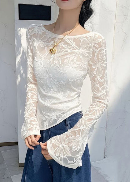 Shirts Slim Asymmetrical Tulle T White Fit Flare Sleeve Jacquard