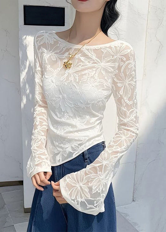 Shirts Slim Asymmetrical Tulle T White Fit Flare Sleeve Jacquard
