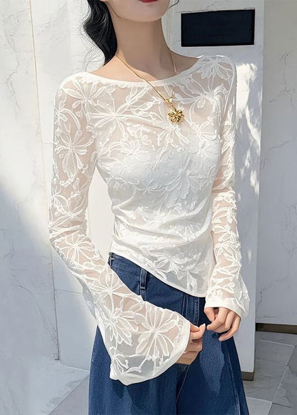 Shirts Slim Asymmetrical Tulle T White Fit Flare Sleeve Jacquard