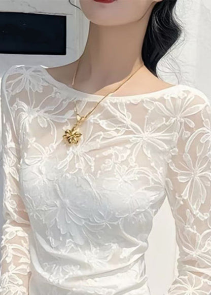 Shirts Slim Asymmetrical Tulle T White Fit Flare Sleeve Jacquard